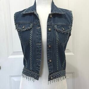 New Direction Petite Small beaded denim vest beaded embroidered embellished